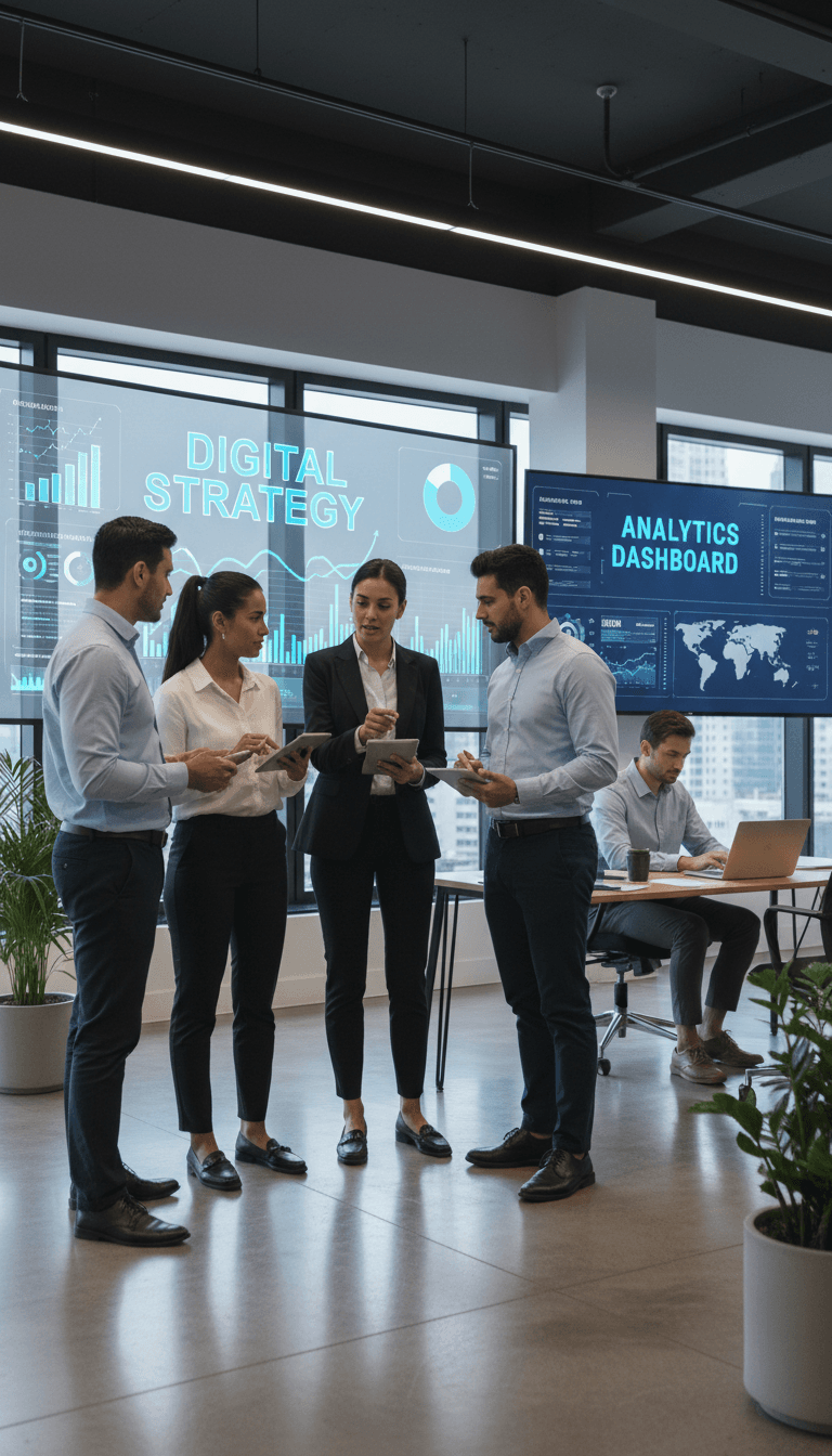 Equipo de marketing digital analizando métricas y estrategias en oficina moderna