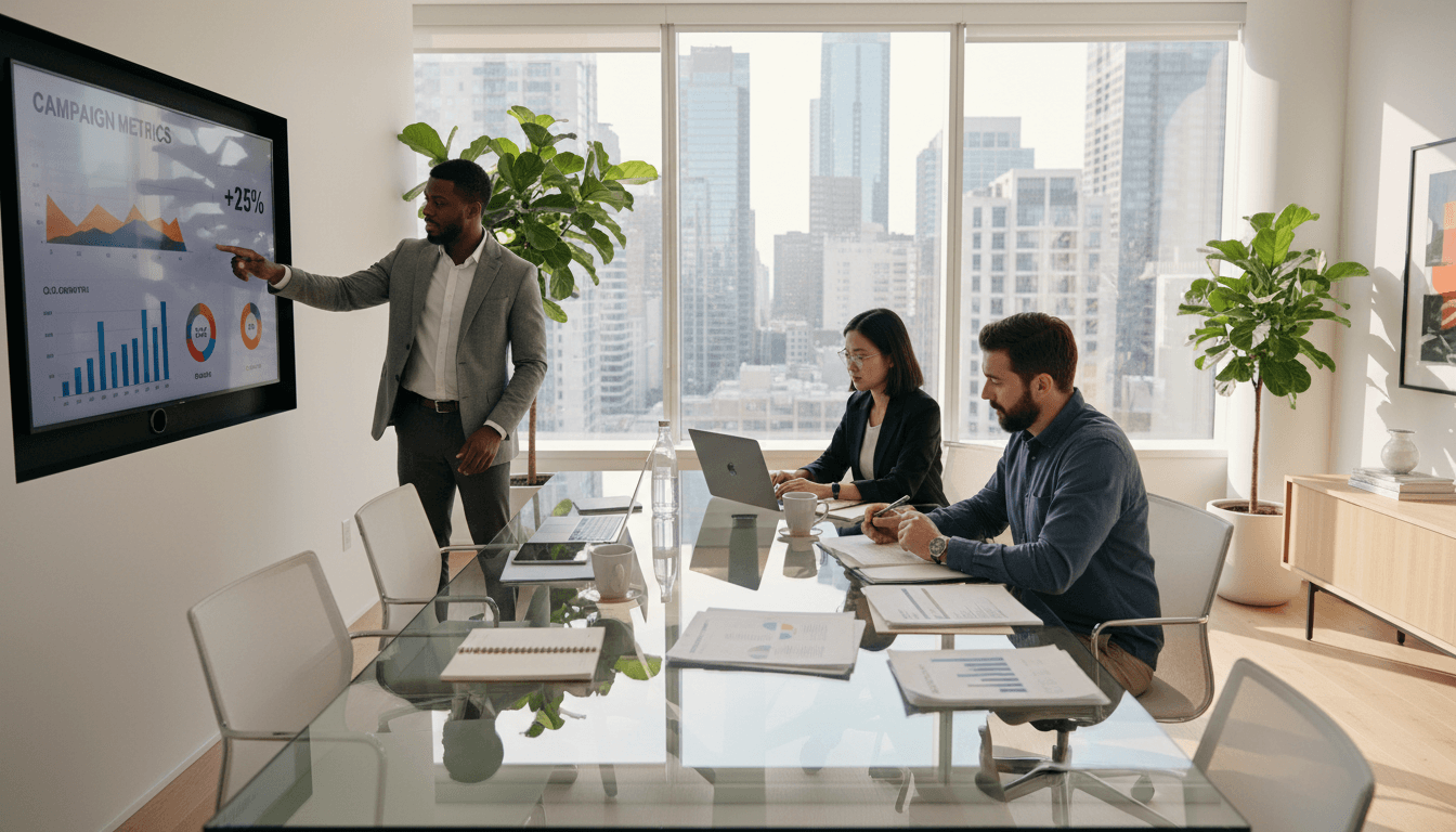 Equipo profesional trabajando en estrategia de marketing digital con computadoras y gráficos