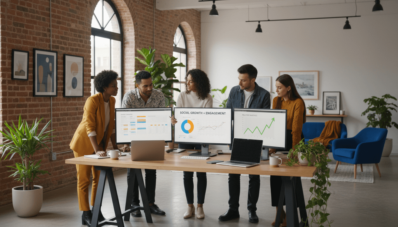 Equipo profesional trabajando en estrategia de marketing digital con pantallas y análisis de datos